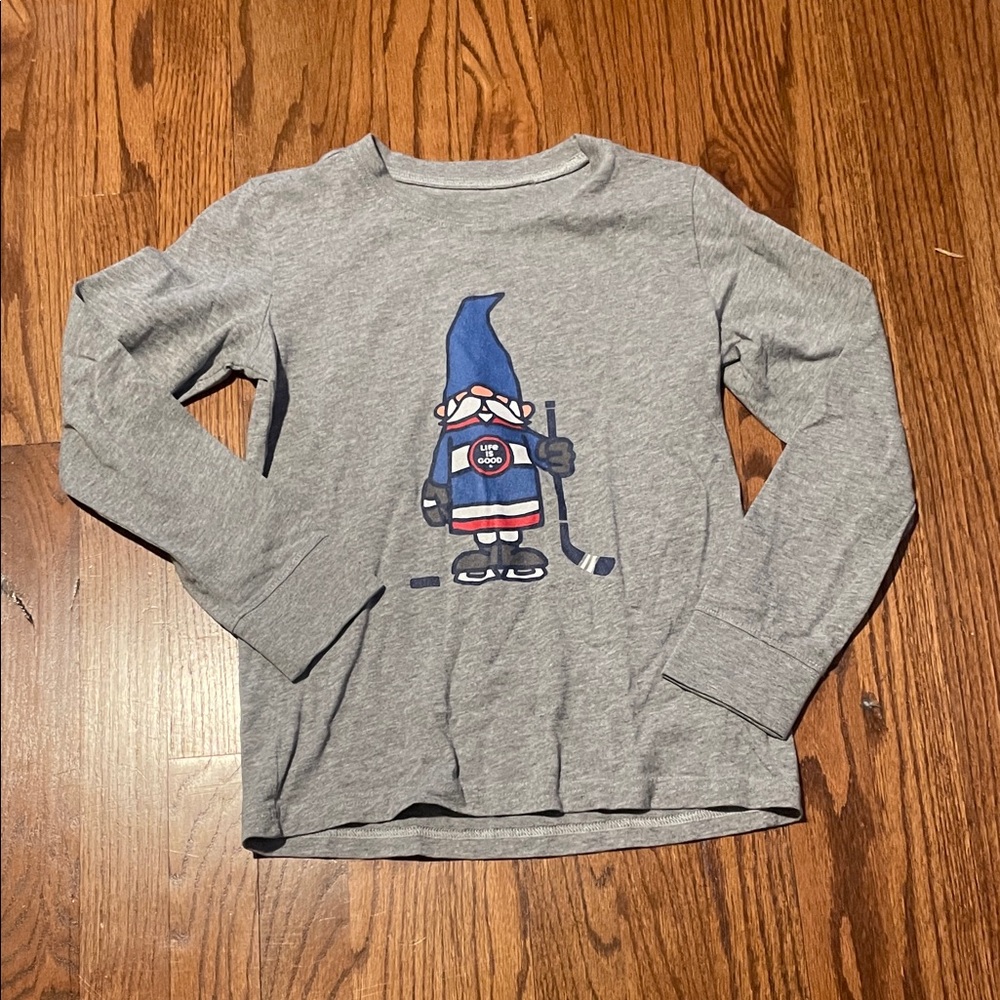 Life Is Good Kids Gray Long-Sleeve Tee with Blue Gnome Hockey Graphic